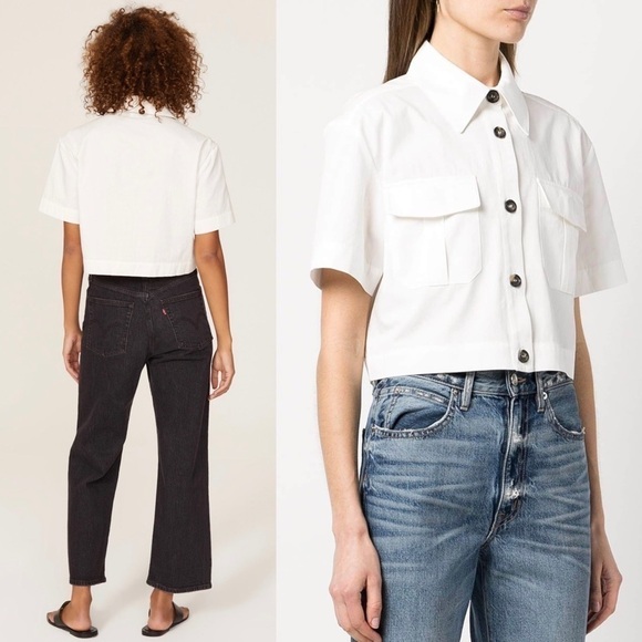 ANINE BING 90s Short Sleeve Cotton Poplin Button Up Crop Utility Camp Shirt XS - Picture 6 of 16